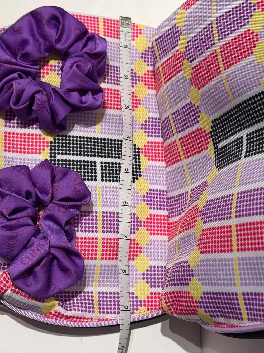 Clinique Pink Purple Yellow Patterned Cosmetic Bag with Purple Scrunchies